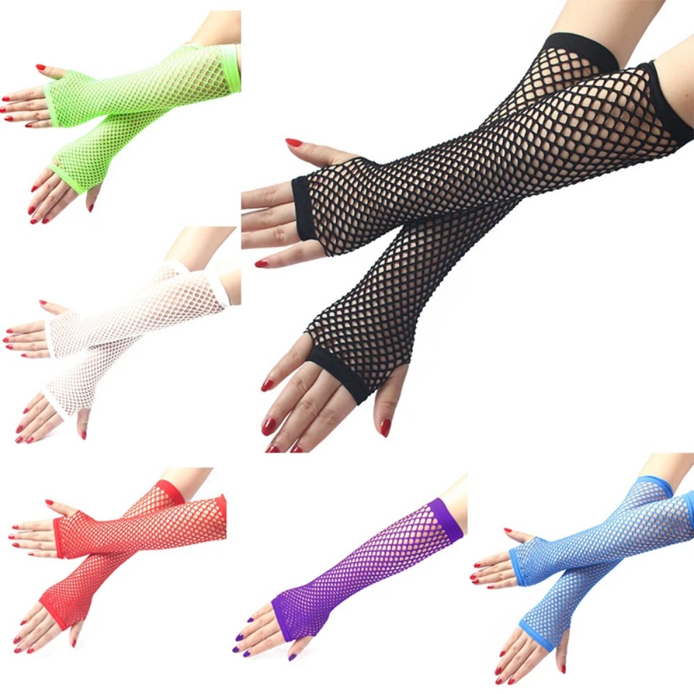 Fingerless Glove Knit - قفازات نيون شبكية طويلة بدون أصابع